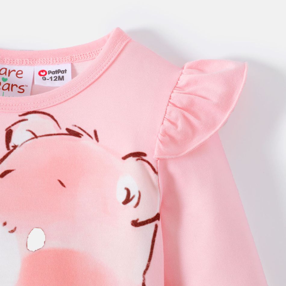 Care Bears 2pcs Baby Girl Bear Graphic Pink Ruffle Long-sleeve Romper and Allover Heart Print Mesh Pants Set PinkyWhite big image 3