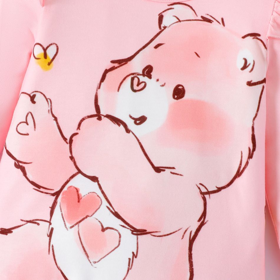 Care Bears 2pcs Baby Girl Bear Graphic Pink Ruffle Long-sleeve Romper and Allover Heart Print Mesh Pants Set PinkyWhite big image 4