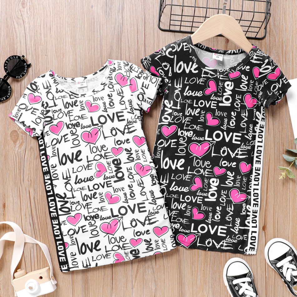 Toddler Girl Letter Heart Print Short-sleeve Dress PinkyWhite