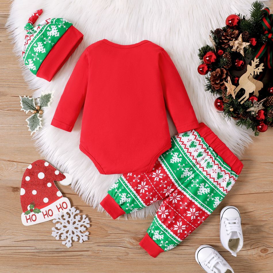 Christmas 3pcs Baby Boy/Girl 95% Cotton Long-sleeve Xmas Tree & Letter Print Red Romper and Pants with Hat Set Red big image 2