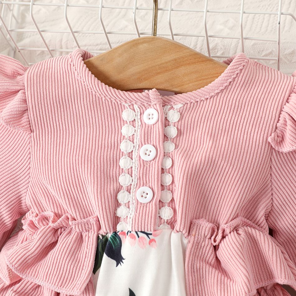 2pcs Baby Girl Pink Corduroy Layered Ruffle Long-sleeve Spliced Floral Print Pretty with Headband Set Pink big image 4