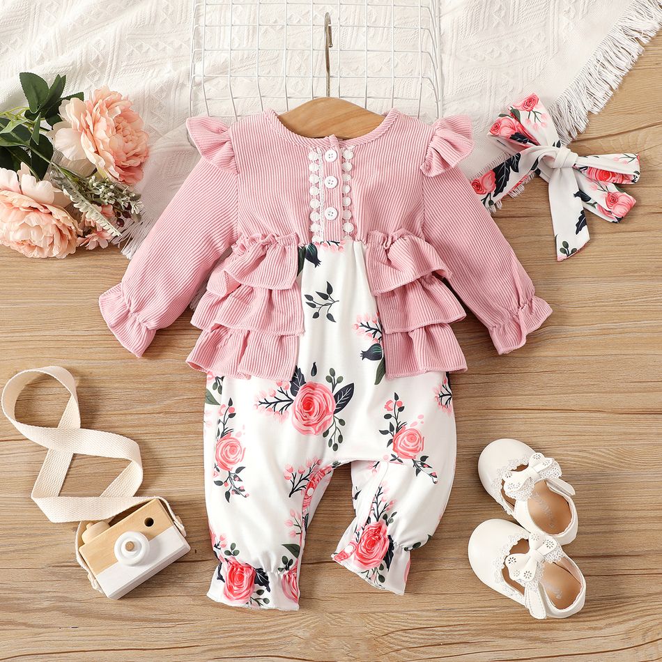 2pcs Baby Girl Pink Corduroy Layered Ruffle Long-sleeve Spliced Floral Print Pretty with Headband Set Pink