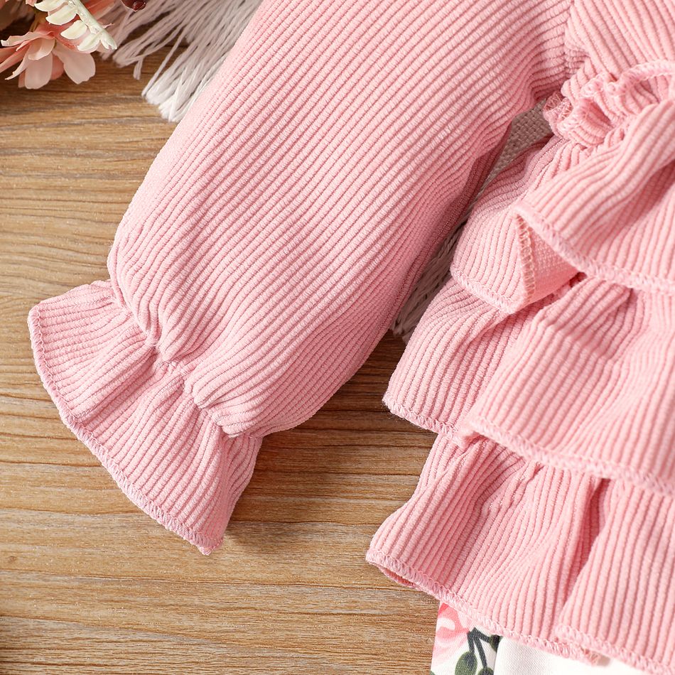 2pcs Baby Girl Pink Corduroy Layered Ruffle Long-sleeve Spliced Floral Print Pretty with Headband Set Pink big image 3