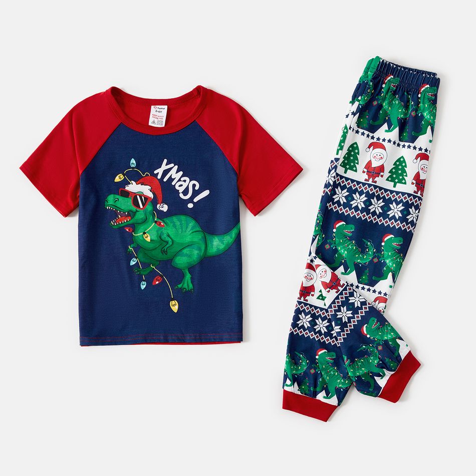 Christmas Family Matching Dinosaur Graphic Raglan-sleeve Allover Print Pajamas Sets (Flame Resistant) DeepSapphireBlue big image 7