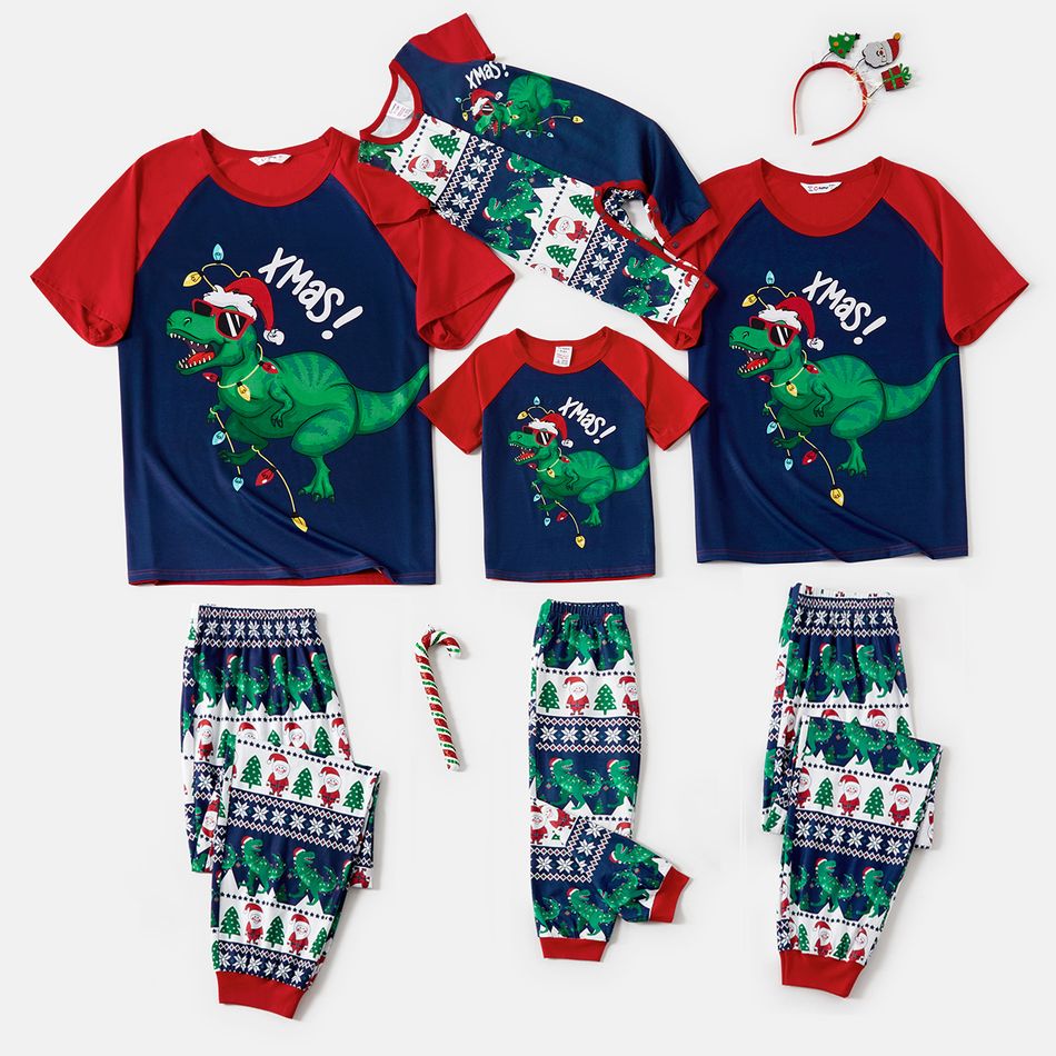 Christmas Family Matching Dinosaur Graphic Raglan-sleeve Allover Print Pajamas Sets (Flame Resistant) DeepSapphireBlue big image 1