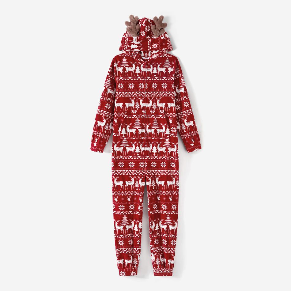 Christmas Family Matching Allover Deer Print 3D Antler Hooded Long-sleeve Red Thickened Polar Fleece Zipper Onesies Pajamas (Flame Resistant) Burgundy big image 3