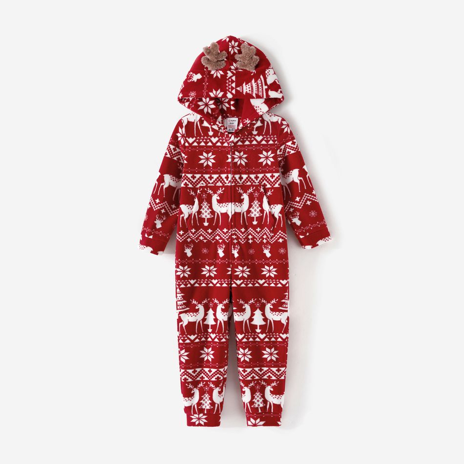 Christmas Family Matching Allover Deer Print 3D Antler Hooded Long-sleeve Red Thickened Polar Fleece Zipper Onesies Pajamas (Flame Resistant) Burgundy big image 10