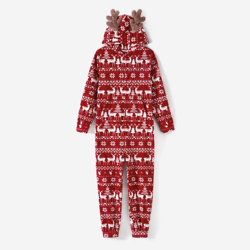 Christmas Family Matching Allover Deer Print 3D Antler Hooded Long-sleeve Red Thickened Polar Fleece Zipper Onesies Pajamas (Flame Resistant) Burgundy big image 2