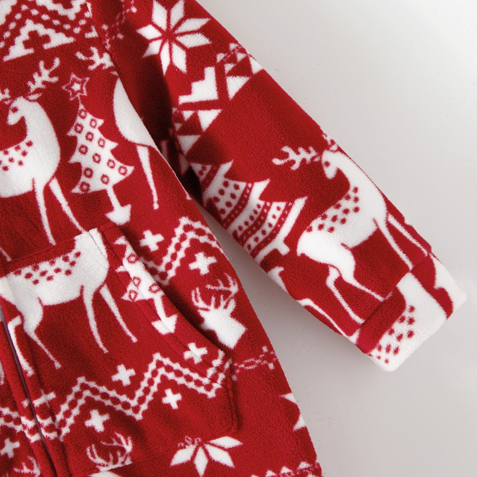 Christmas Family Matching Allover Deer Print 3D Antler Hooded Long-sleeve Red Thickened Polar Fleece Zipper Onesies Pajamas (Flame Resistant) Burgundy big image 11