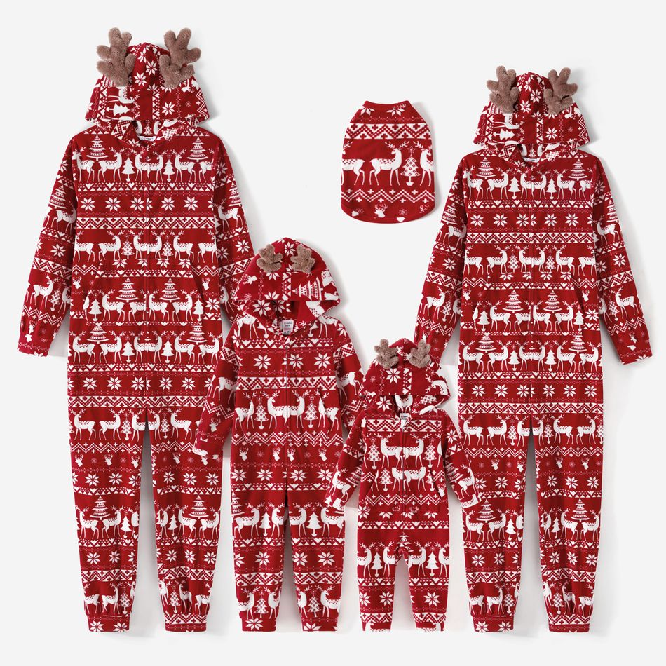 Christmas Family Matching Allover Deer Print 3D Antler Hooded Long-sleeve Red Thickened Polar Fleece Zipper Onesies Pajamas (Flame Resistant) Burgundy