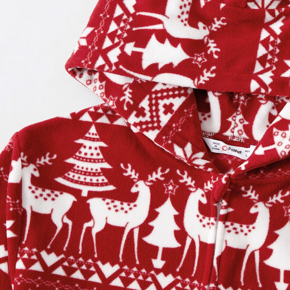 Christmas Family Matching Allover Deer Print 3D Antler Hooded Long-sleeve Red Thickened Polar Fleece Zipper Onesies Pajamas (Flame Resistant) Burgundy big image 5