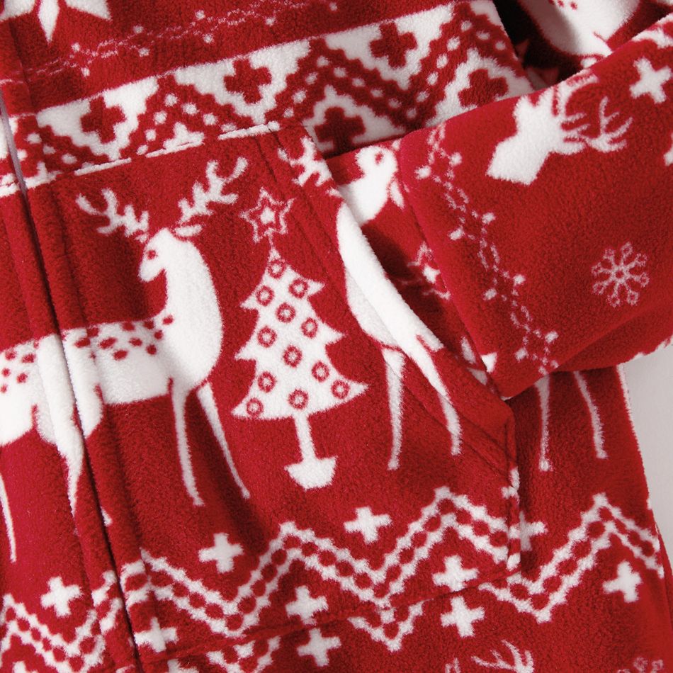 Christmas Family Matching Allover Deer Print 3D Antler Hooded Long-sleeve Red Thickened Polar Fleece Zipper Onesies Pajamas (Flame Resistant) Burgundy big image 7