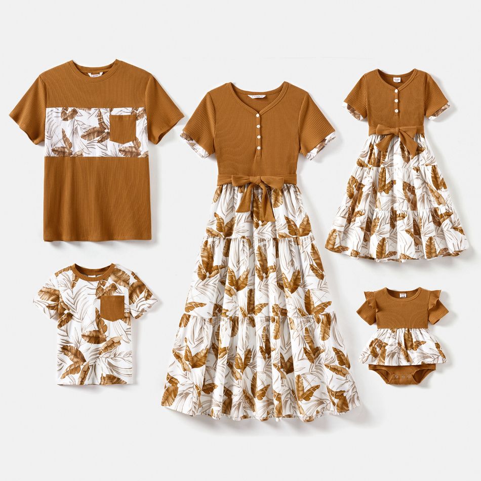 Family Matching Tawny Ribbed Spliced Allover Palm Leaf Print Midi Dresses and Short-sleeve T-shirts Sets tawny big image 1
