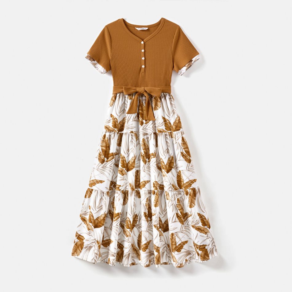 Family Matching Tawny Ribbed Spliced Allover Palm Leaf Print Midi Dresses and Short-sleeve T-shirts Sets tawny big image 2