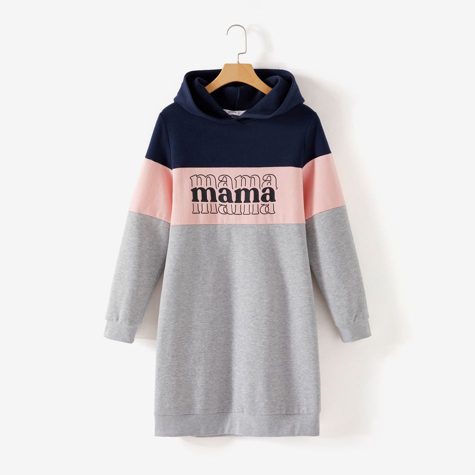 Mommy and Me Letter Print Colorblock Fleece Lined Hoodie Dresses ColorBlock big image 2