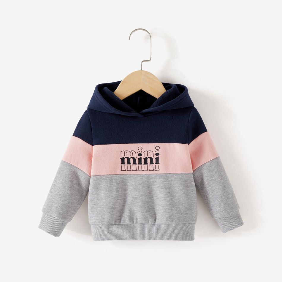 Mommy and Me Letter Print Colorblock Fleece Lined Hoodie Dresses ColorBlock