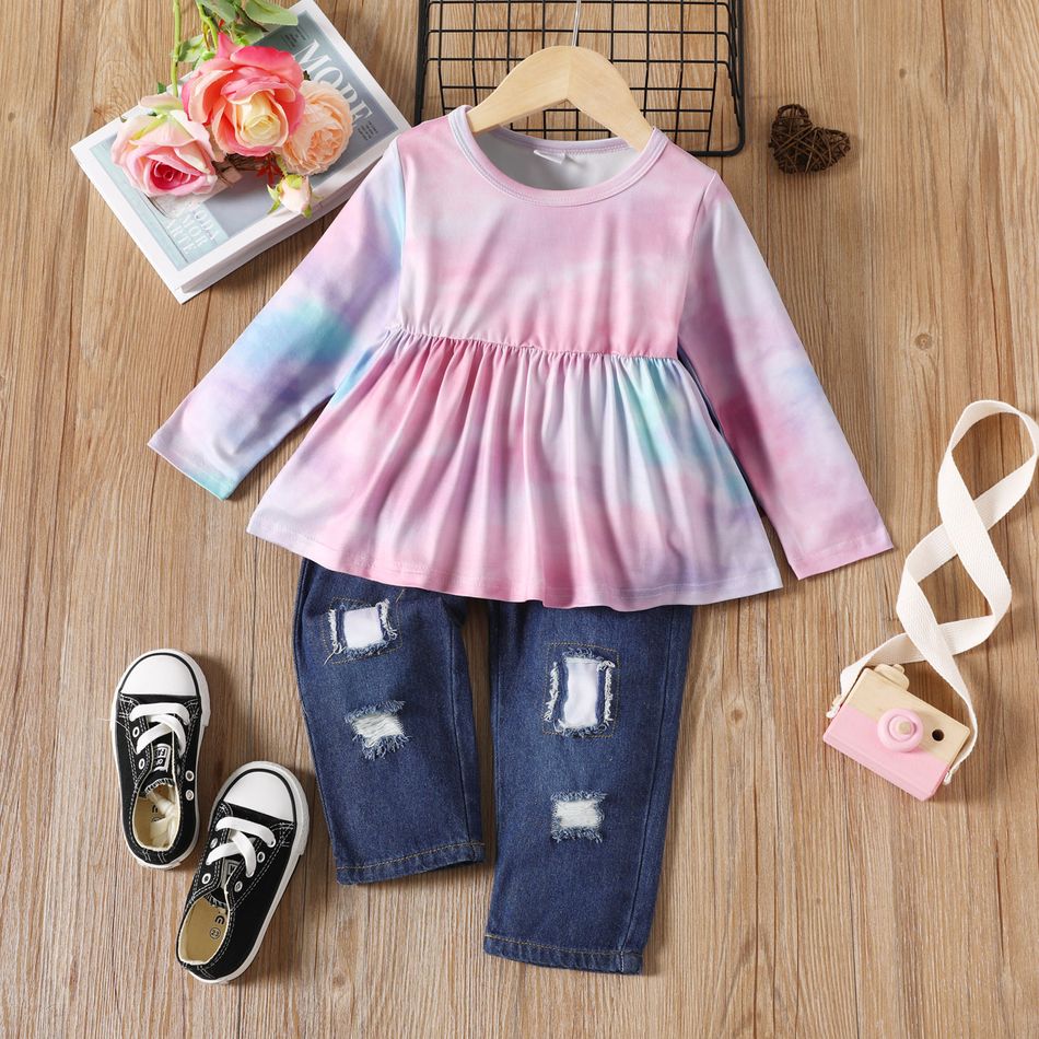 2pcs Toddler Girl Trendy Cotton Ripped Denim Jeans and Tie Dyed Tee Set Multi-color