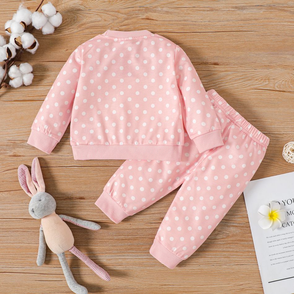 2pcs Baby Girl Rabbit Design Polka Dot Print Pink Long-sleeve Sweatshirt and Sweatpants Set Pink big image 2
