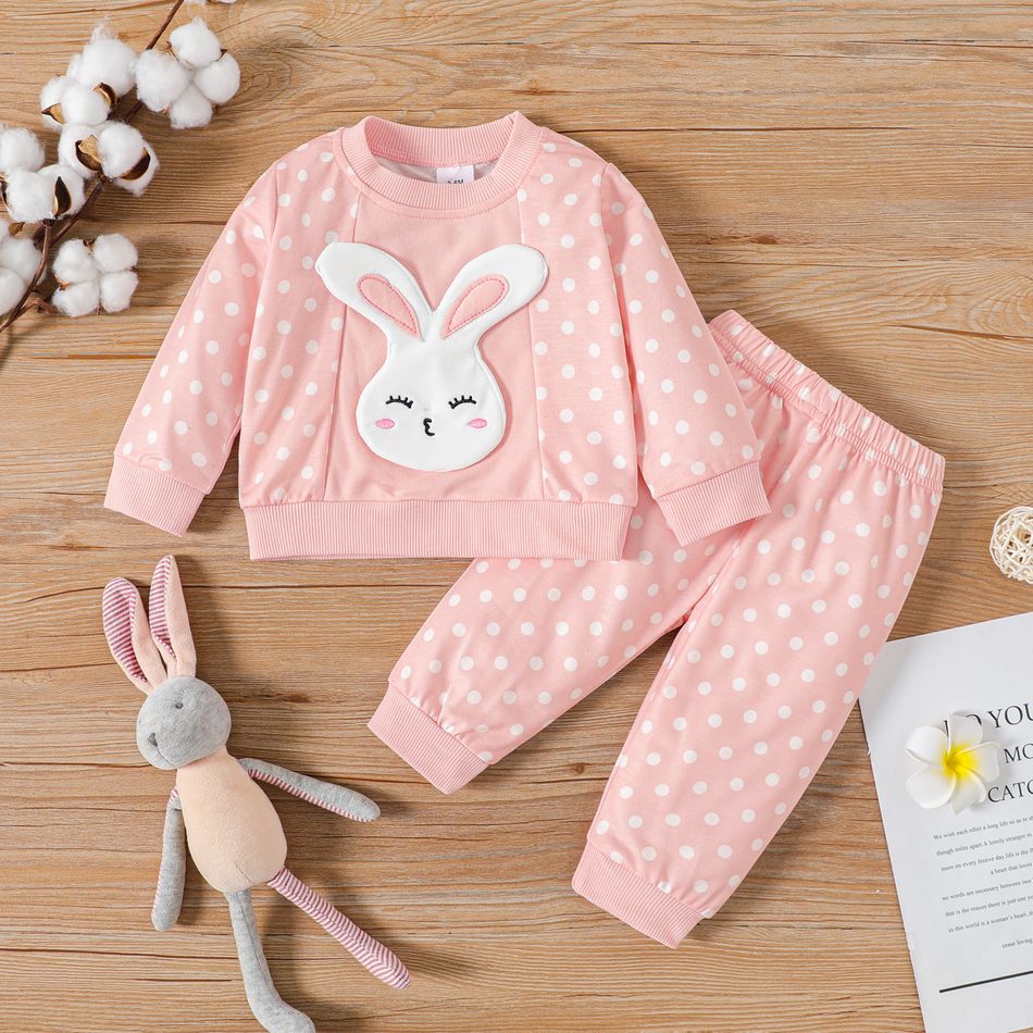 2pcs Baby Girl Rabbit Design Polka Dot Print Pink Long-sleeve Sweatshirt and Sweatpants Set Pink