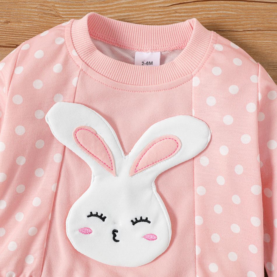 2pcs Baby Girl Rabbit Design Polka Dot Print Pink Long-sleeve Sweatshirt and Sweatpants Set Pink big image 3