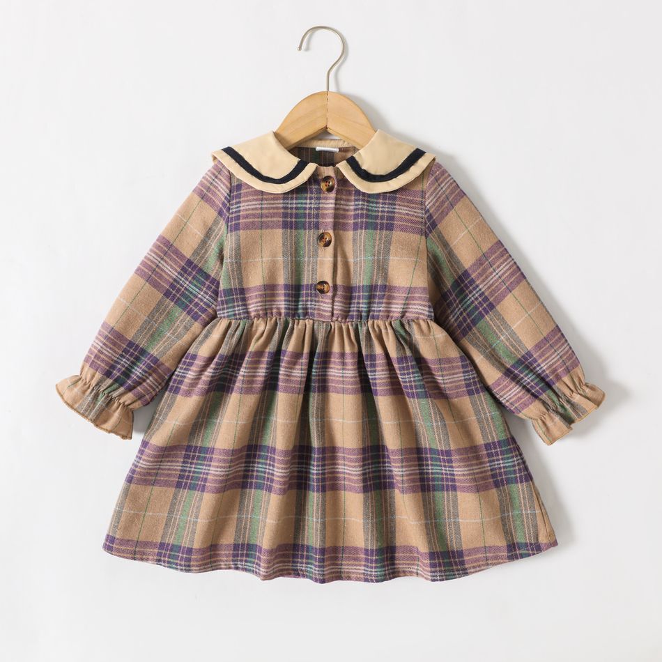 Toddler Girl Classic Lapel Collar Button Design Plaid Cotton Dress Multi-color