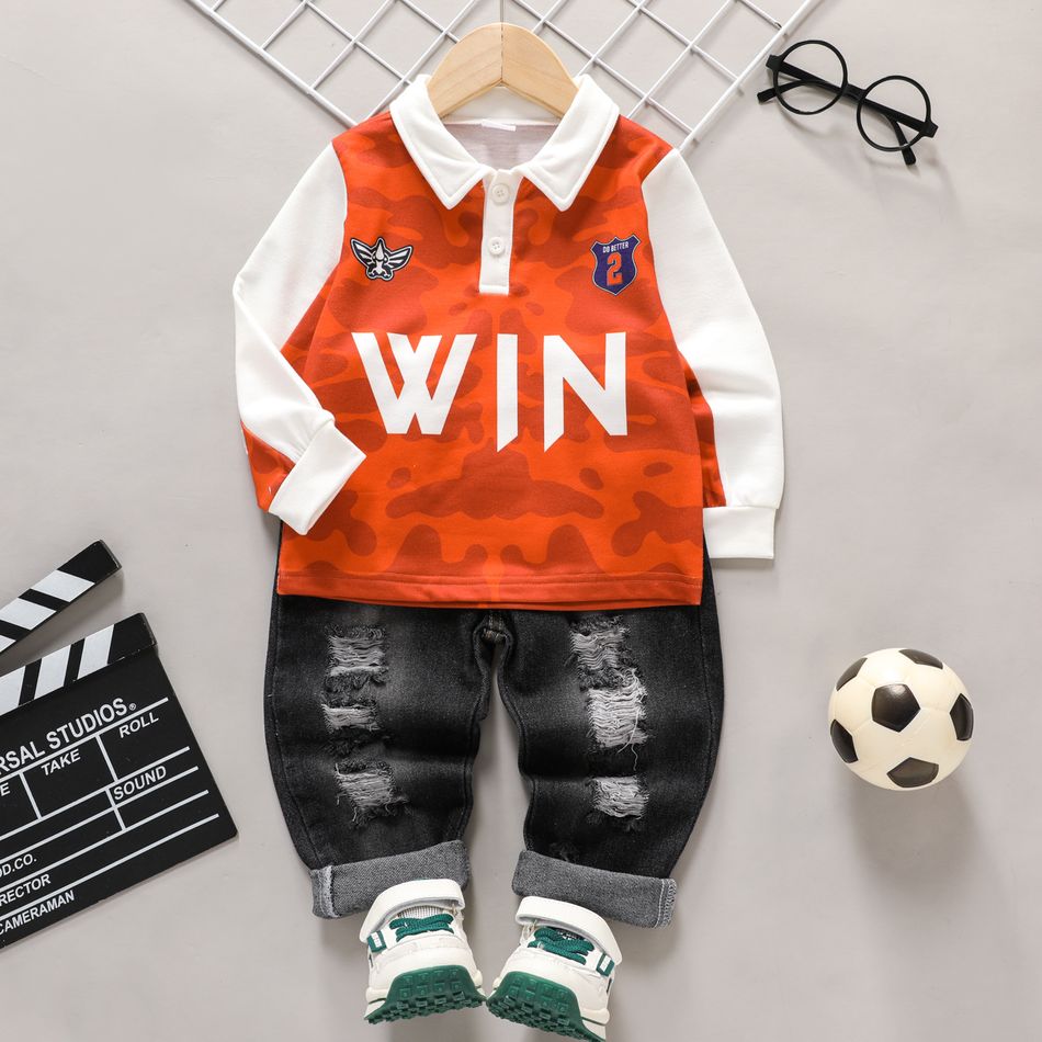 Soccer Cup 2pcs Toddler Boy Trendy Ripped Denim Jeans and Letter Print Polo Sweatshirt Set Red big image 12