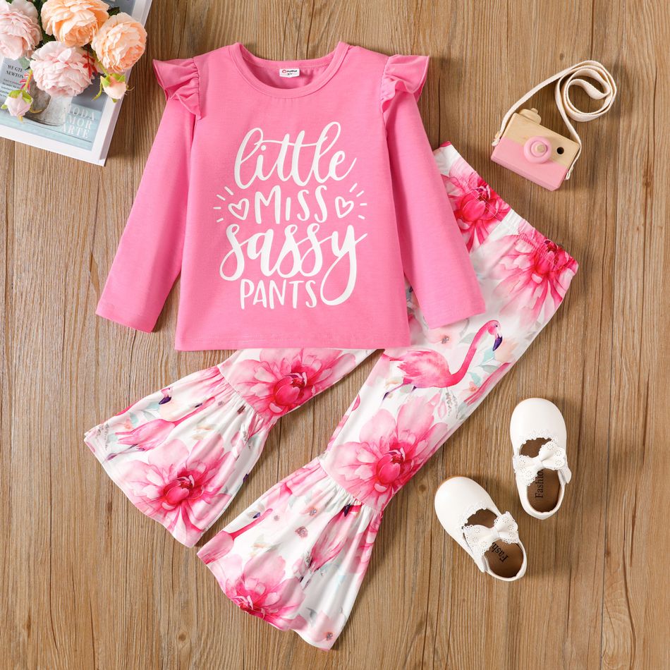 2pcs Toddler Girl Ruffled Letter Print Long-sleeve Tee and Floral Flamingo Print Flared Pants Set Pink big image 1