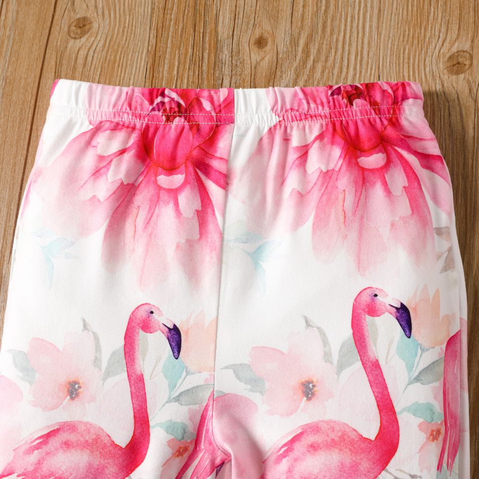 2pcs Toddler Girl Ruffled Letter Print Long-sleeve Tee and Floral Flamingo Print Flared Pants Set Pink big image 5