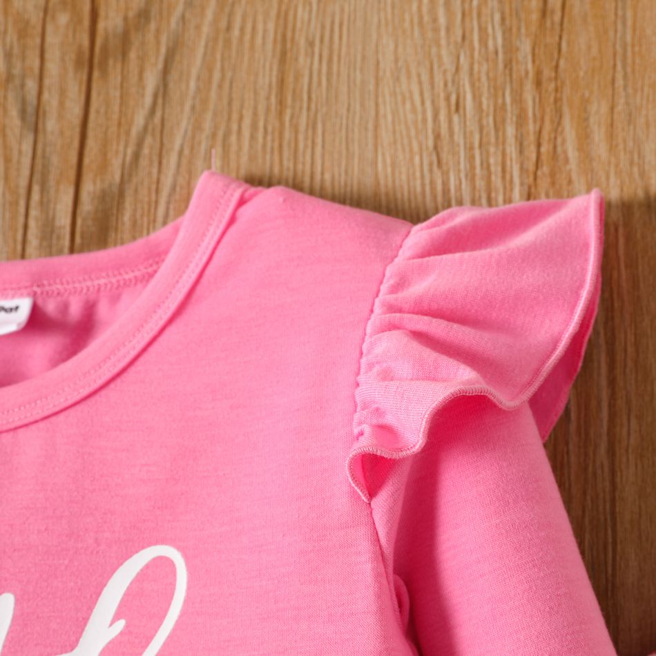 2pcs Toddler Girl Ruffled Letter Print Long-sleeve Tee and Floral Flamingo Print Flared Pants Set Pink big image 4