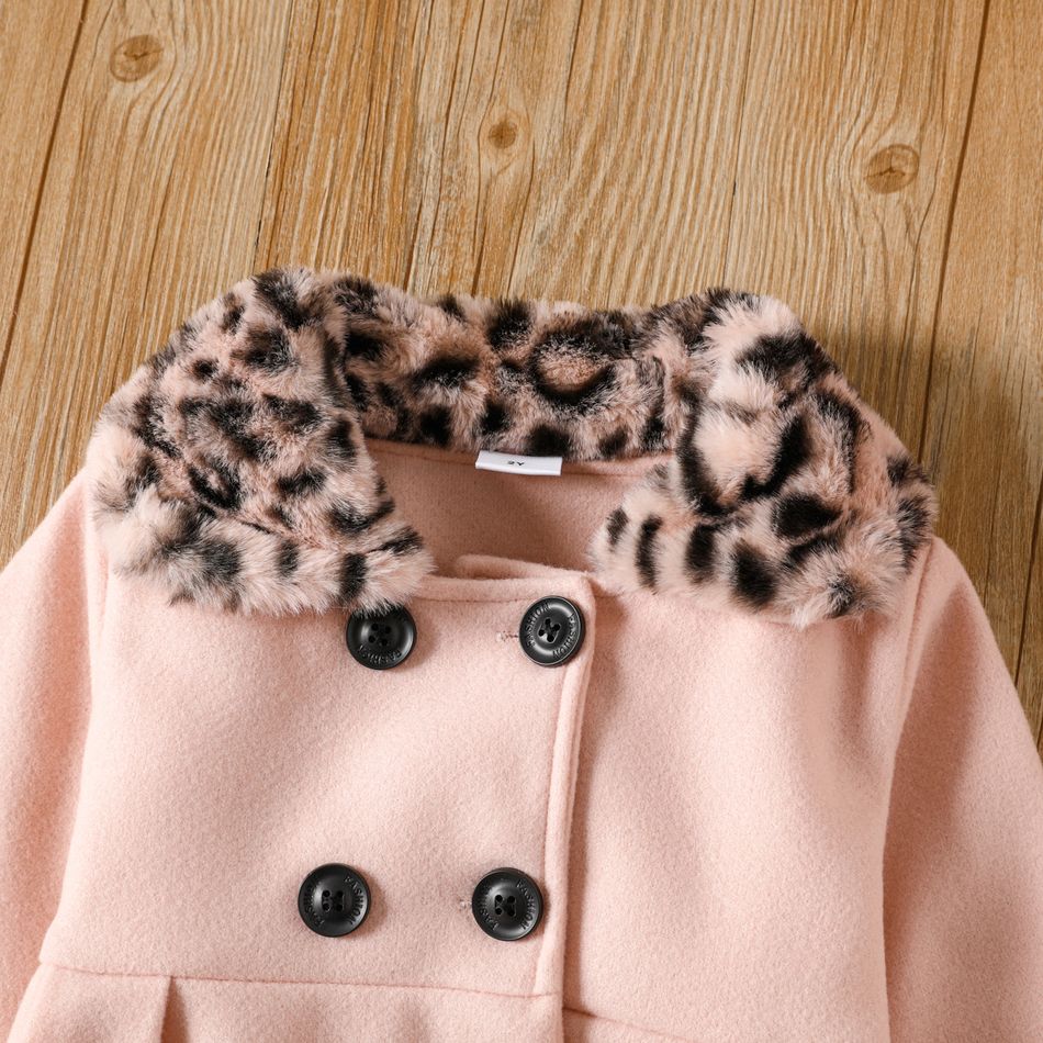 2pcs Toddler Girl Sweet Lapel Collar Fleece Double Breasted Coat and Bucket Hat Pink big image 3
