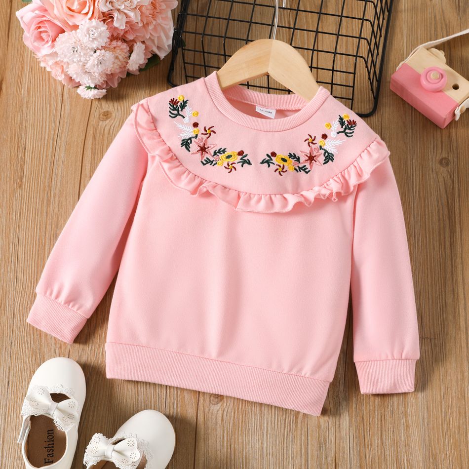 Toddler Girl Sweet Floral Embroidered Ruffled Pink Sweatshirt Pink big image 1