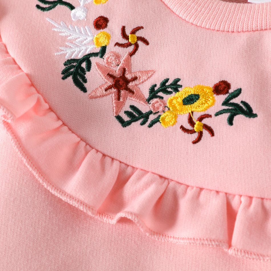 Toddler Girl Sweet Floral Embroidered Ruffled Pink Sweatshirt Pink big image 3