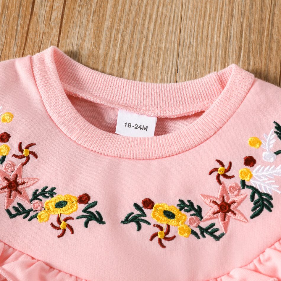 Toddler Girl Sweet Floral Embroidered Ruffled Pink Sweatshirt Pink big image 5