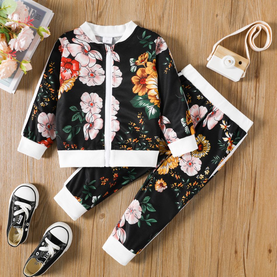 2pcs Toddler Girl Sweet Floral Print Jacket and Pants Set Black big image 1