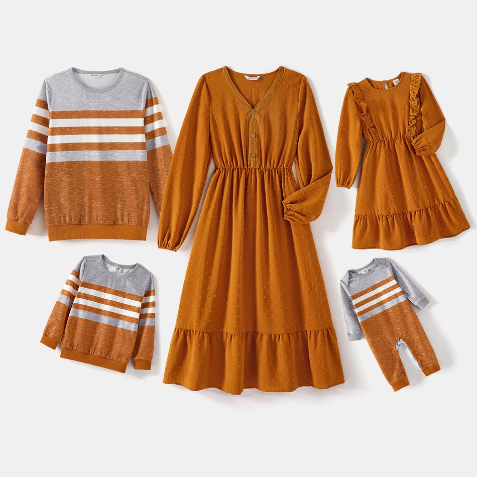 Family Matching Solid Swiss Dot Long-sleeve Ruffle Hem Dresses and Colorblock Striped Sweatshirts Sets Ginger big image 1