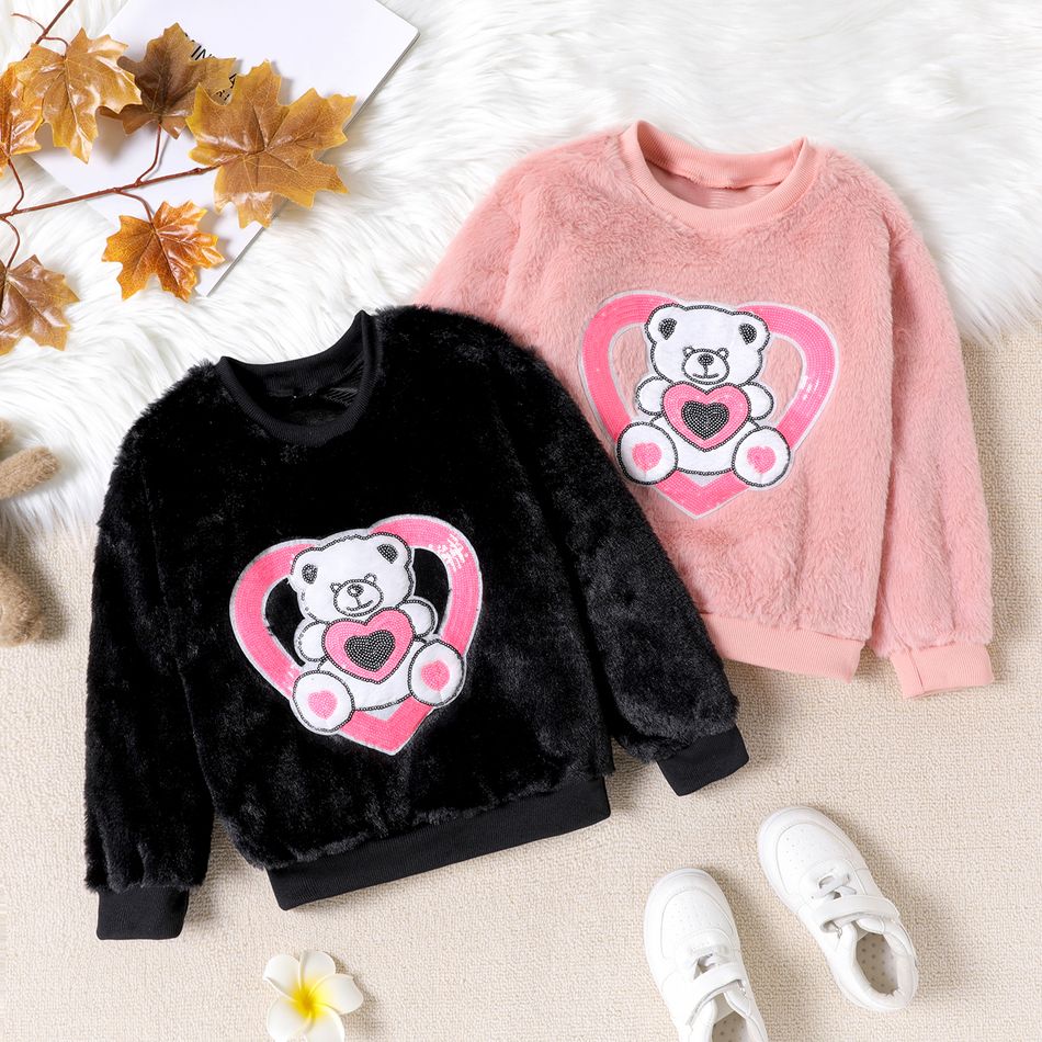 Kid Girl Bear Embroidered Sequined Fuzzy Fleece Sweatshirt Dark Pink big image 7