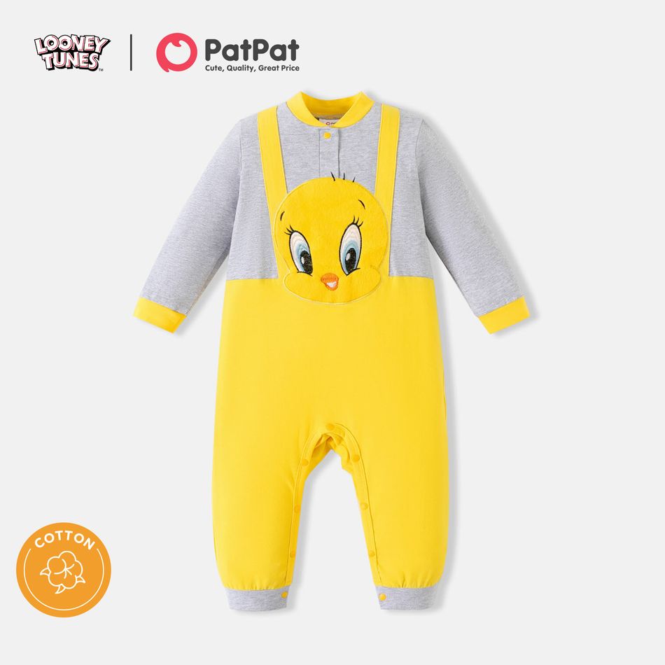 Looney Tunes Baby Boy/Girl 95% Cotton Long-sleeve Faux-two Animal Embroidered Jumpsuit Pale Yellow big image 1