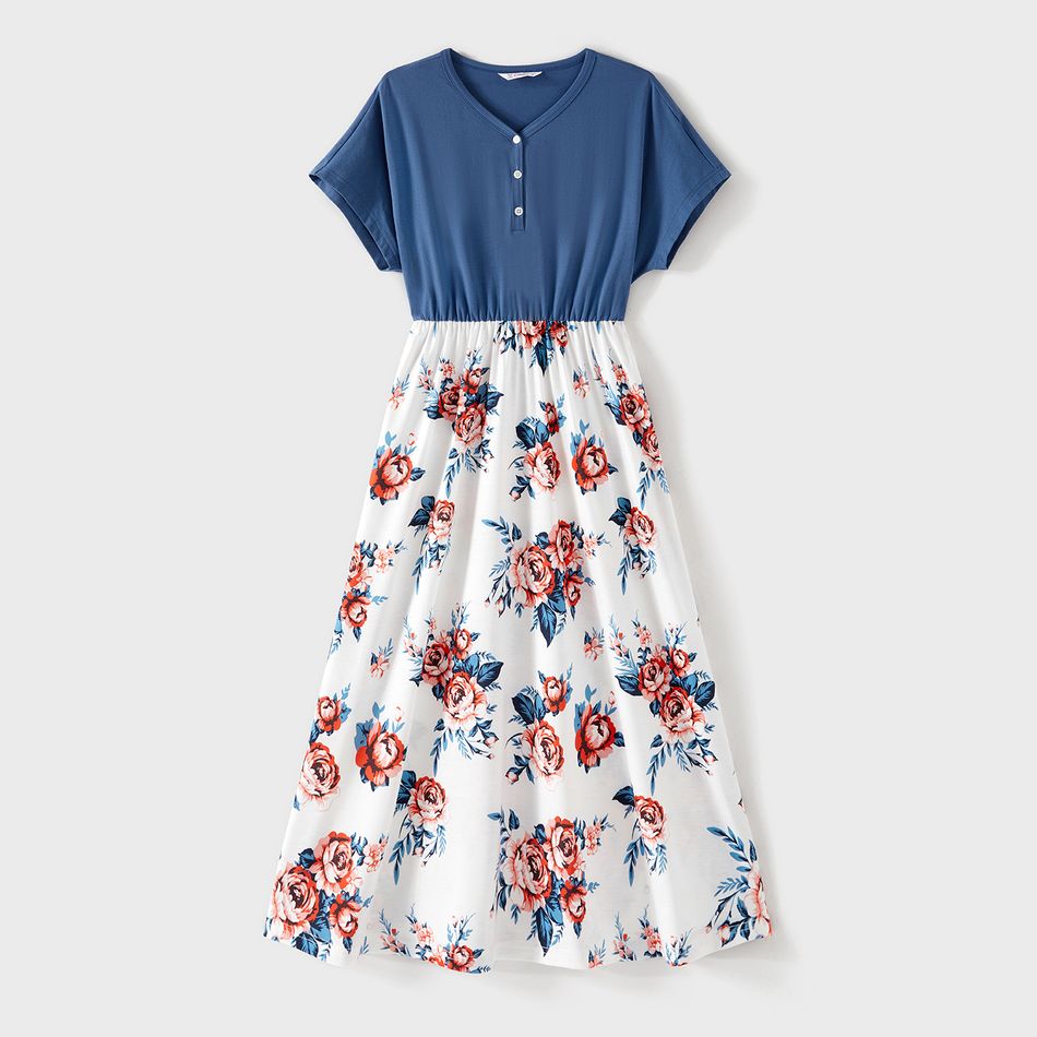 Family Matching Cotton Short-sleeve Floral Print Spliced Dresses and Striped Colorblock T-shirts Sets Blue grey big image 2