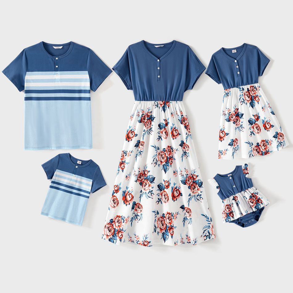 Family Matching Cotton Short-sleeve Floral Print Spliced Dresses and Striped Colorblock T-shirts Sets Blue grey big image 1