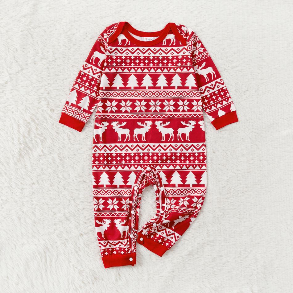 Christmas Family Matching Allover Red Print Long-sleeve Pajamas Sets (Flame Resistant) Red-2 big image 5