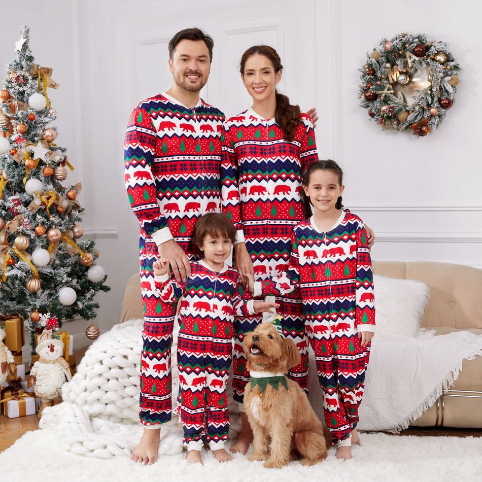 Christmas Family Matching Allover Print Red Long-sleeve Zipper Onesies Pajamas (Flame Resistant) MultiColour big image 6