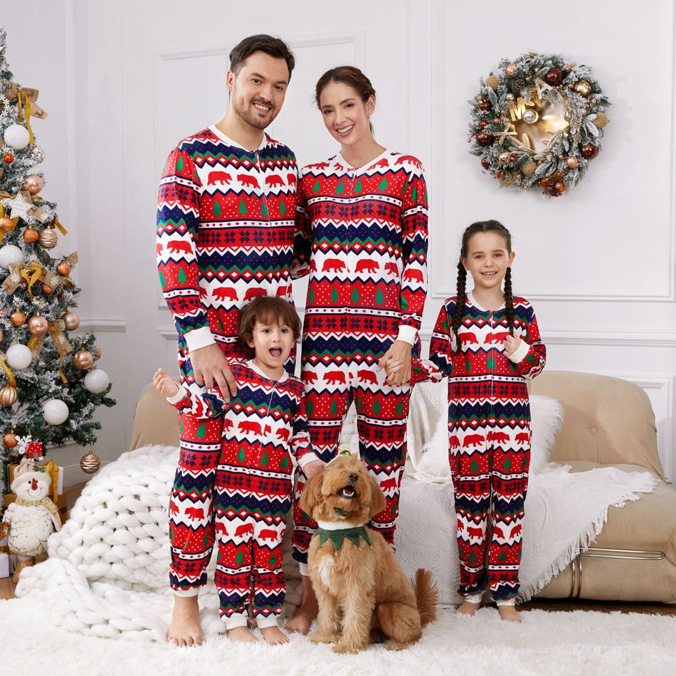 Christmas Family Matching Allover Print Red Long-sleeve Zipper Onesies Pajamas (Flame Resistant) MultiColour big image 2