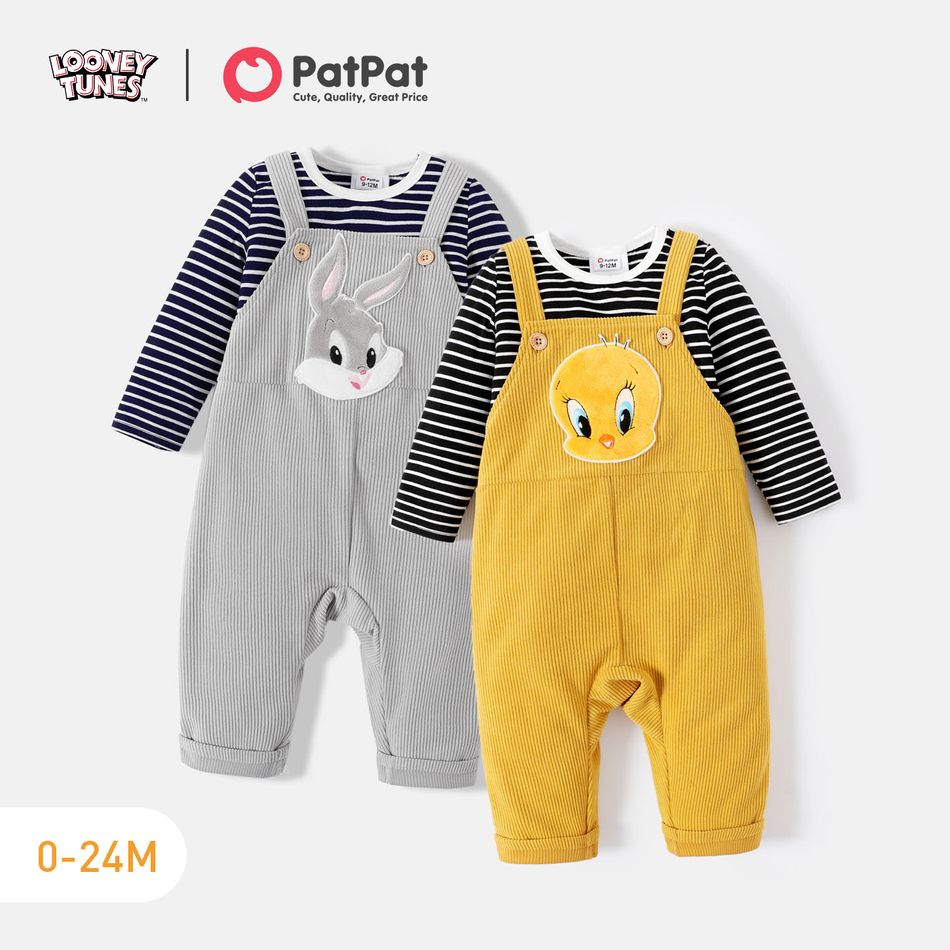 Looney Tunes 2pcs Baby Girl Long-sleeve Striped T-shirt and Animal Embroidered Corduroy Overalls Set Ginger big image 2