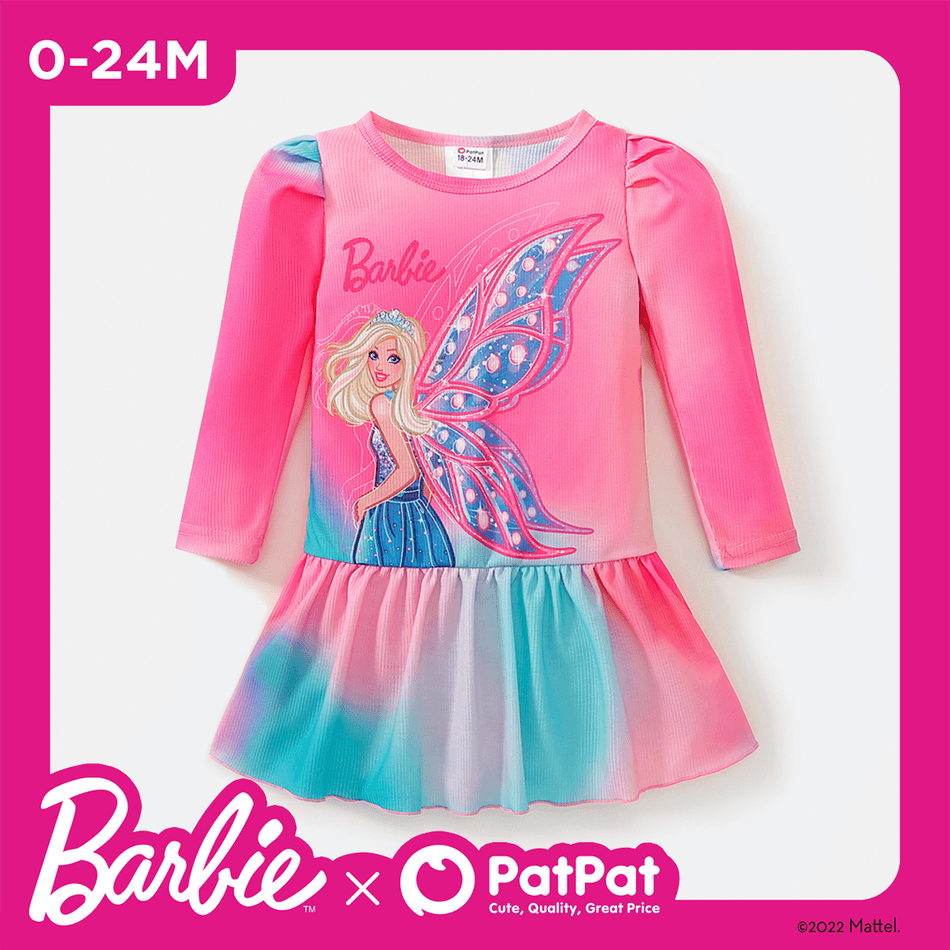 Barbie Toddler Girl Tie Dyed Long Puff-sleeve Pink Dress/ otton Elasticized Leggings Pink big image 6