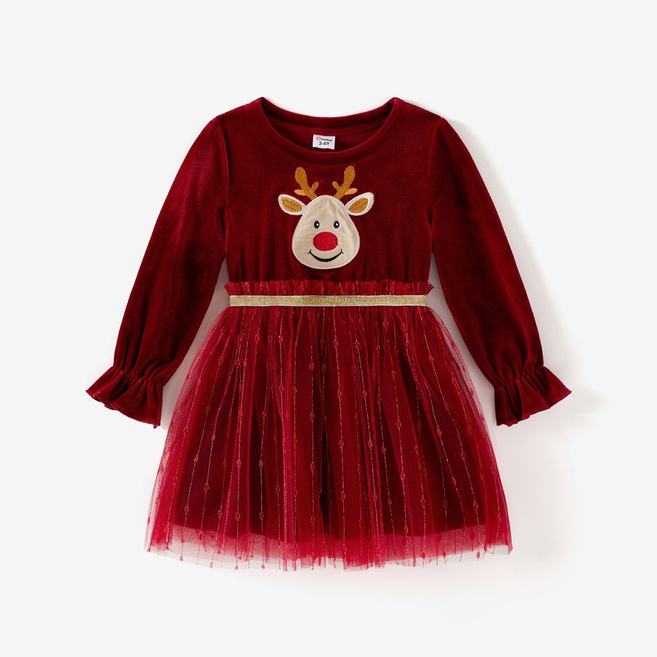 Christmas Mommy and Me Deer Embroidered Red Velvet Long-sleeve Mesh Dresses Burgundy big image 5