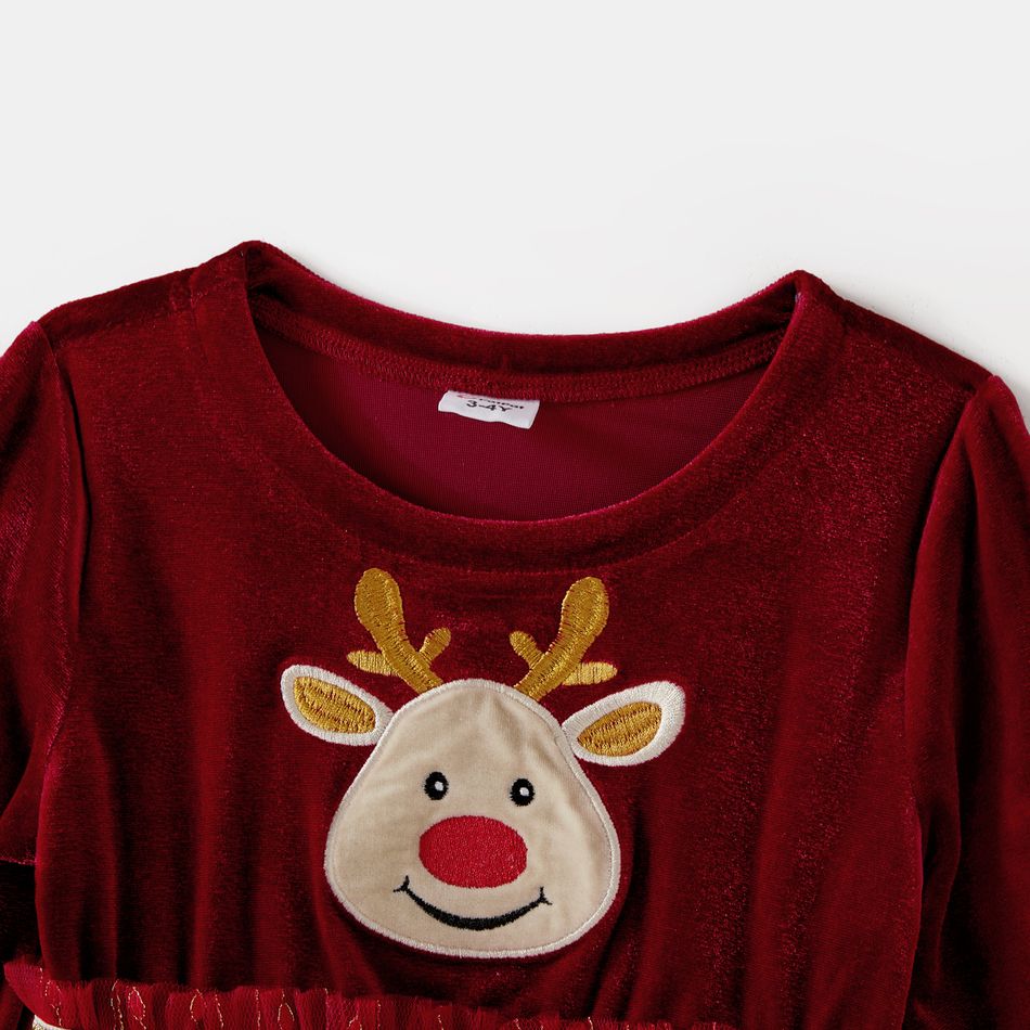Christmas Mommy and Me Deer Embroidered Red Velvet Long-sleeve Mesh Dresses Burgundy big image 6