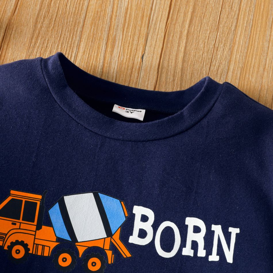 2pcs Toddler Boy Letter Excavator Print Pullover Sweatshirt and Elasticized Pants Set DeepSapphireBlue big image 4