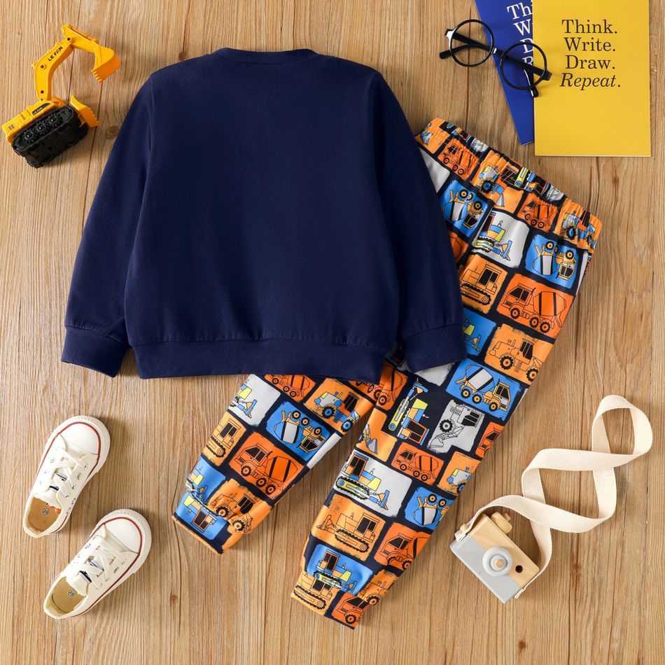 2pcs Toddler Boy Letter Excavator Print Pullover Sweatshirt and Elasticized Pants Set DeepSapphireBlue big image 2
