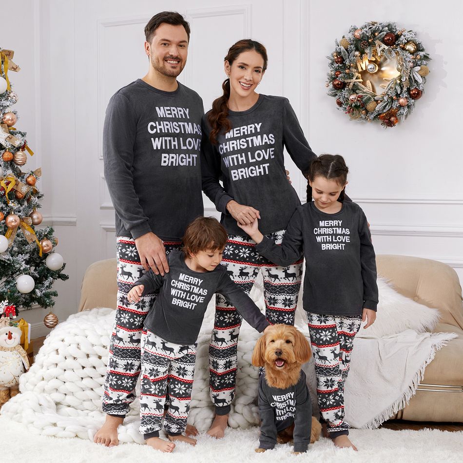 Christmas Family Matching Letter Print Dark Grey Long-sleeve Thickened Polar Fleece Pajamas Sets (Flame Resistant) Dark Grey big image 3