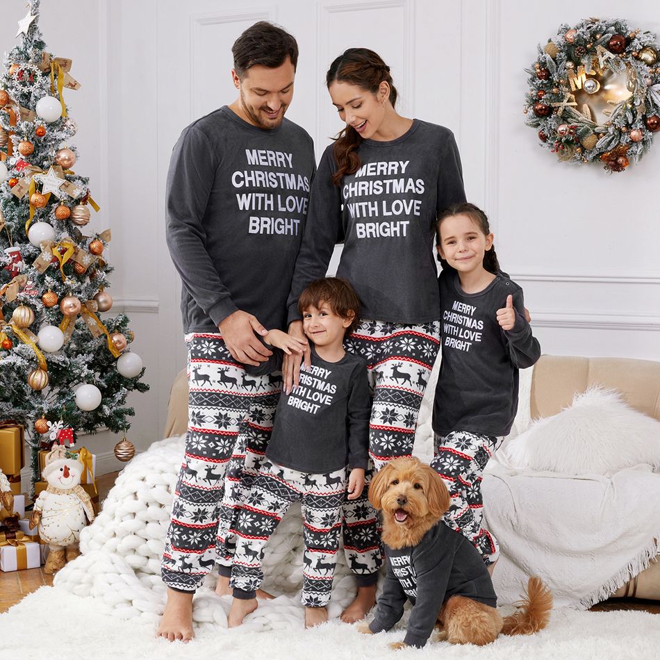 Christmas Family Matching Letter Print Dark Grey Long-sleeve Thickened Polar Fleece Pajamas Sets (Flame Resistant) Dark Grey big image 2